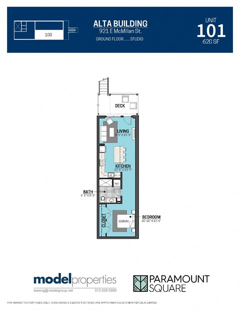 Floor plan for 1 bed, 1 bath, 620 sqft